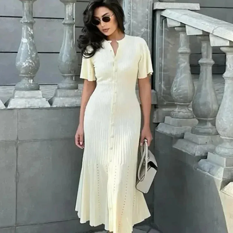 Long Dress Women Slim Wave O-neck Short Sleeve Hip Package Dresses