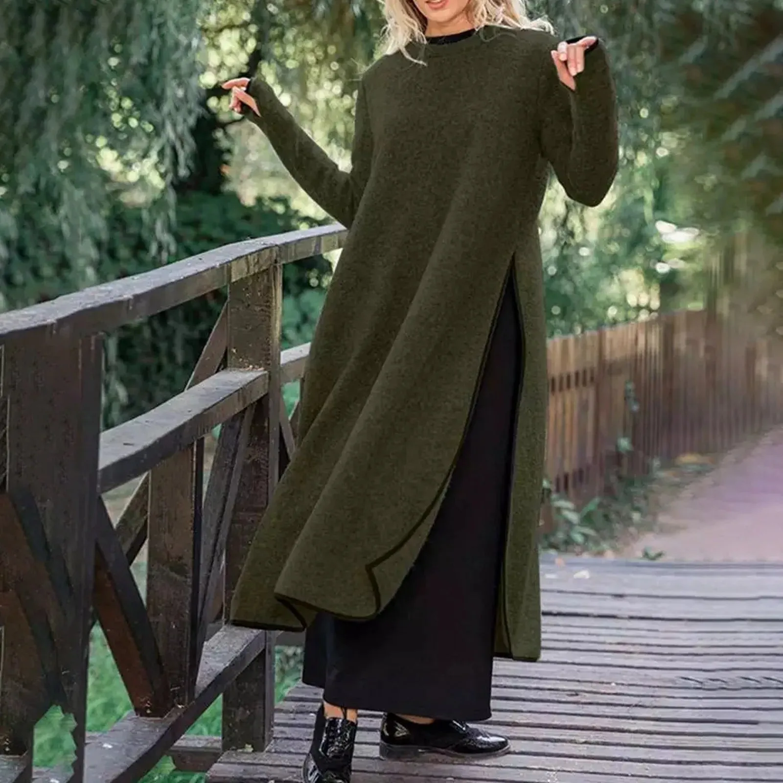 Long Pullover Sweatshirt Vintage Casual Sundress Solid Split Midi Loose Oversized Casual Autumn Dress