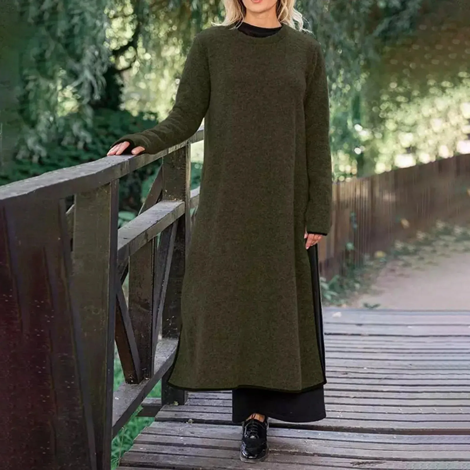 Long Pullover Sweatshirt Vintage Casual Sundress Solid Split Midi Loose Oversized Casual Autumn Dress