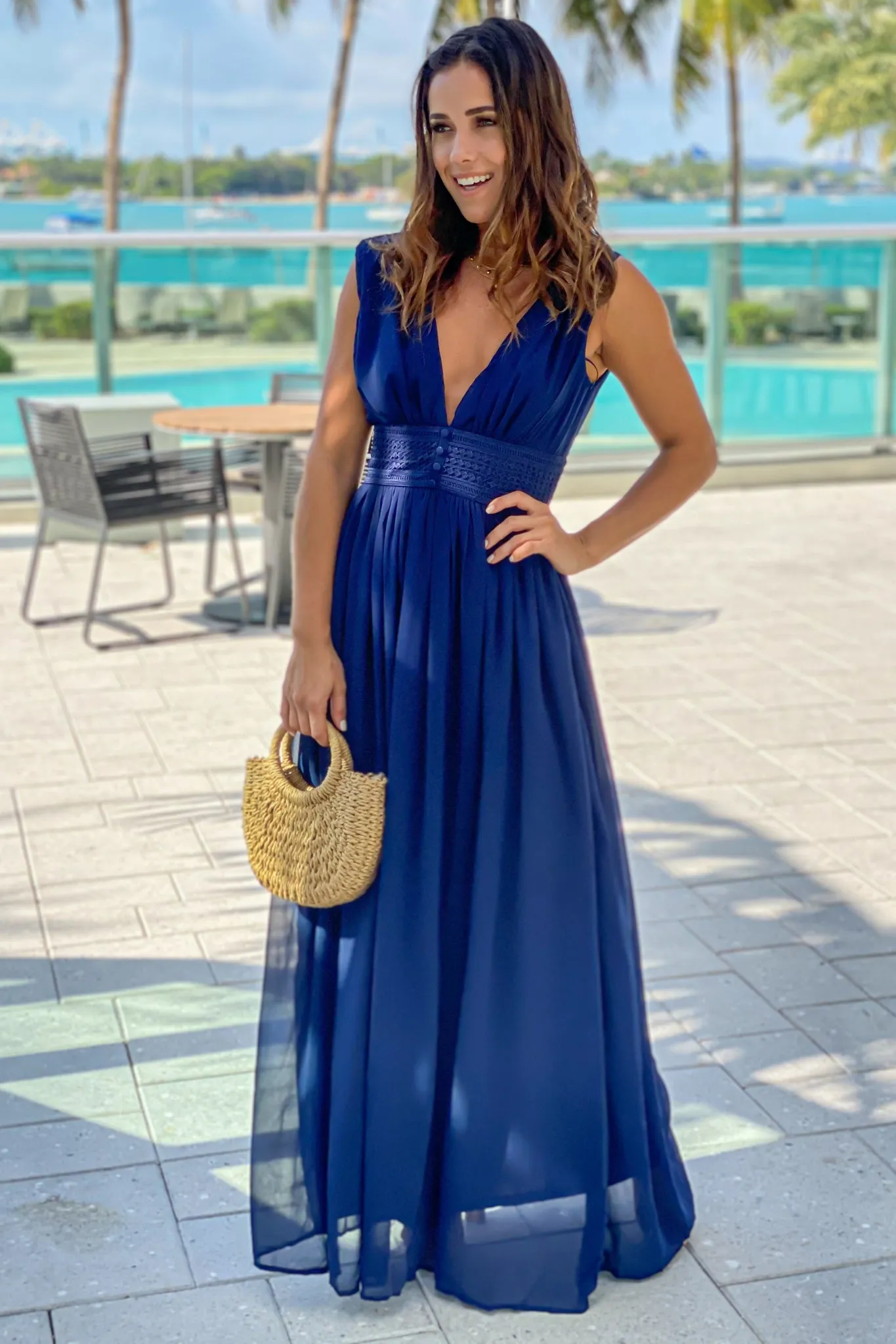 Navy Maxi Dress with Button Detail