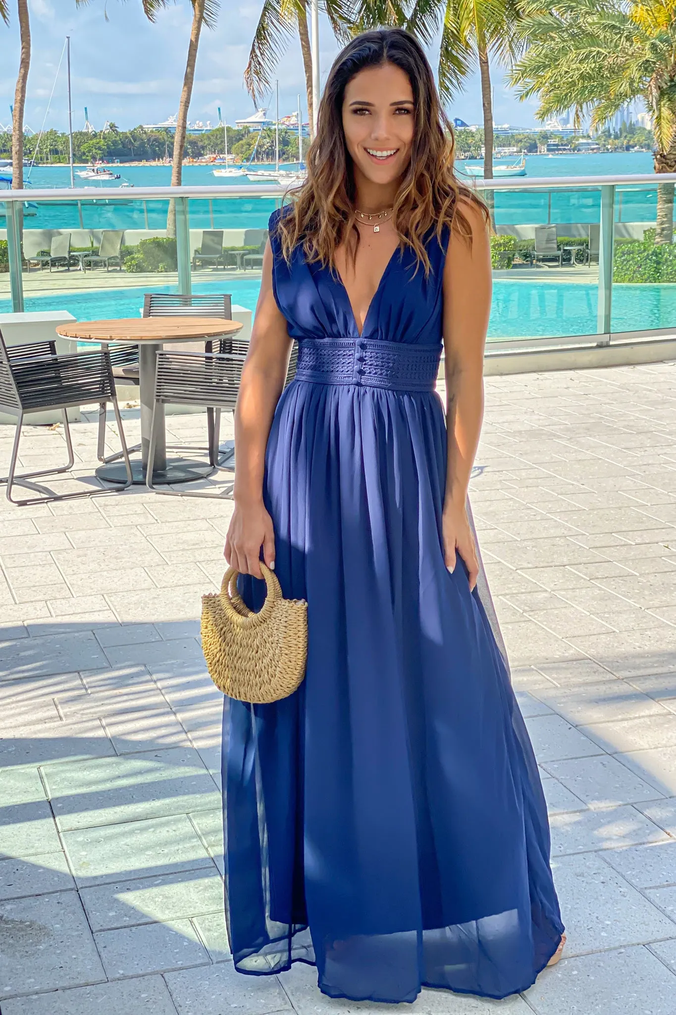 Navy Maxi Dress with Button Detail