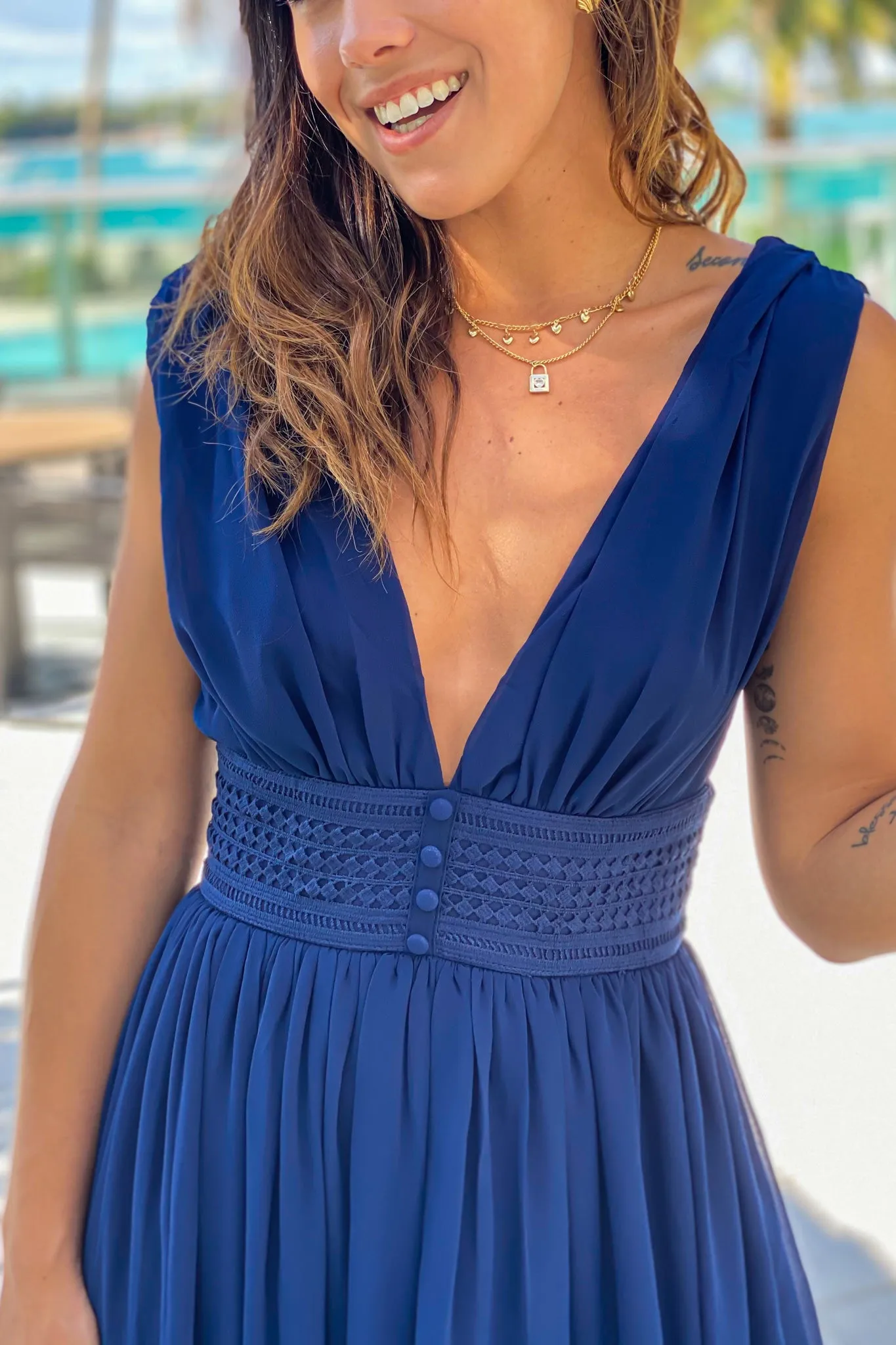 Navy Maxi Dress with Button Detail