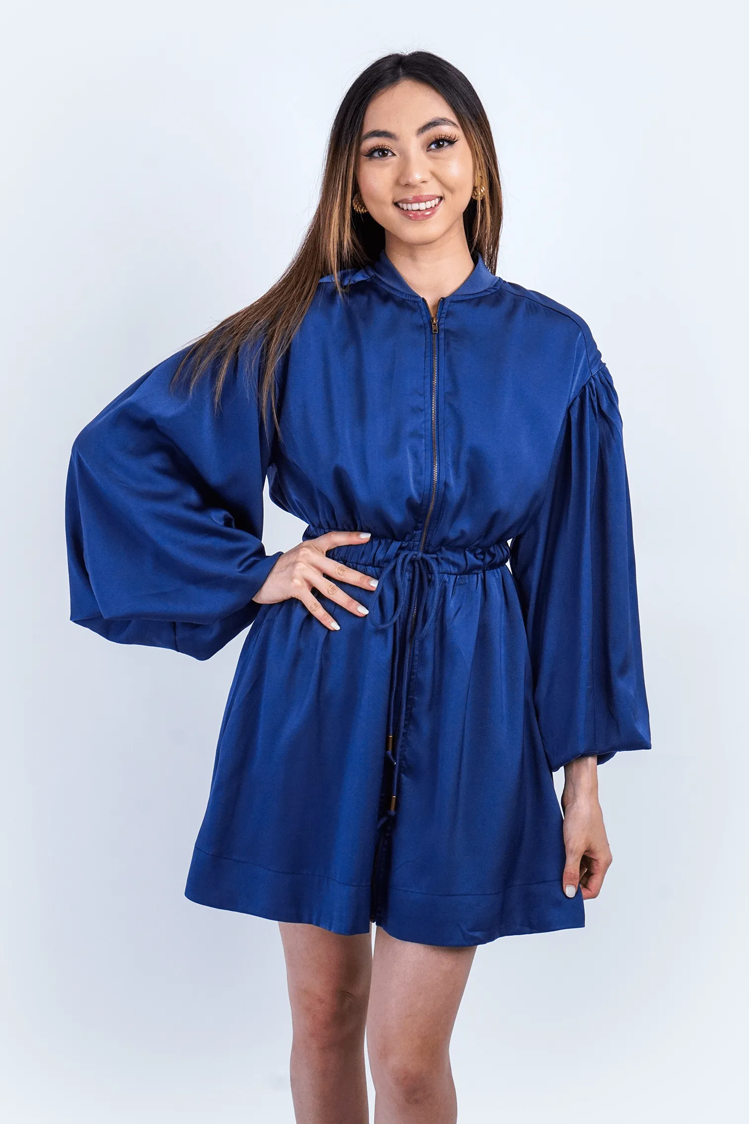 Navy Zip Front Utility Shirt Dress