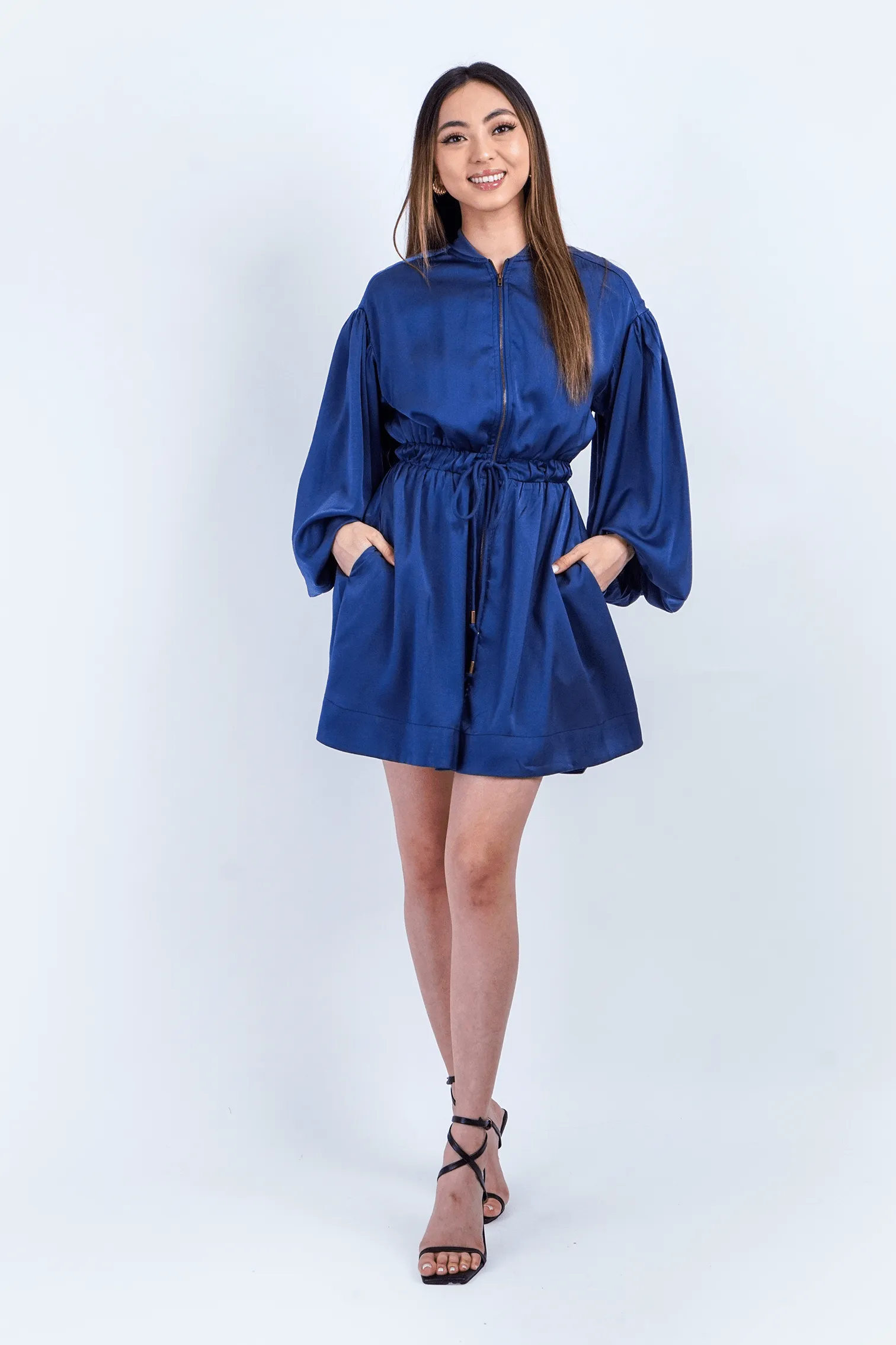 Navy Zip Front Utility Shirt Dress