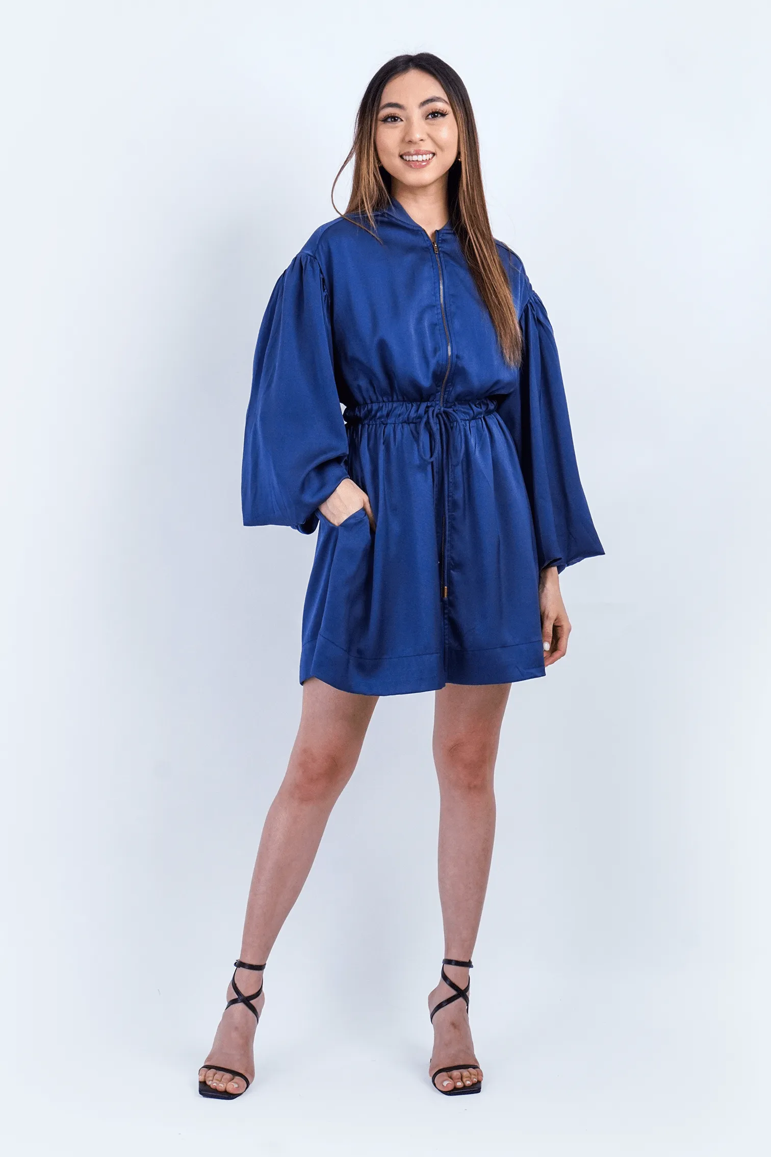 Navy Zip Front Utility Shirt Dress