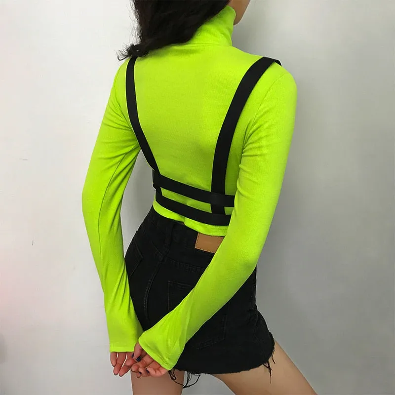 Neon Color Autumn Patchwork Buckle Safari Style Turtleneck Long Sleeve Crop Top Long Sleeve