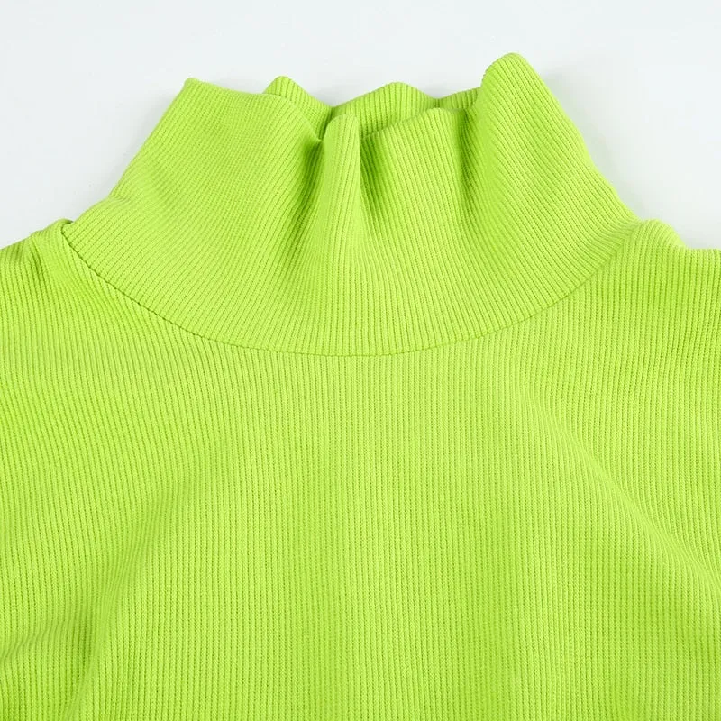 Neon Color Autumn Patchwork Buckle Safari Style Turtleneck Long Sleeve Crop Top Long Sleeve