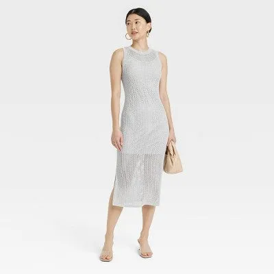 New - Women's Openwork Midi Sweater Dress - A New Day Taupe L