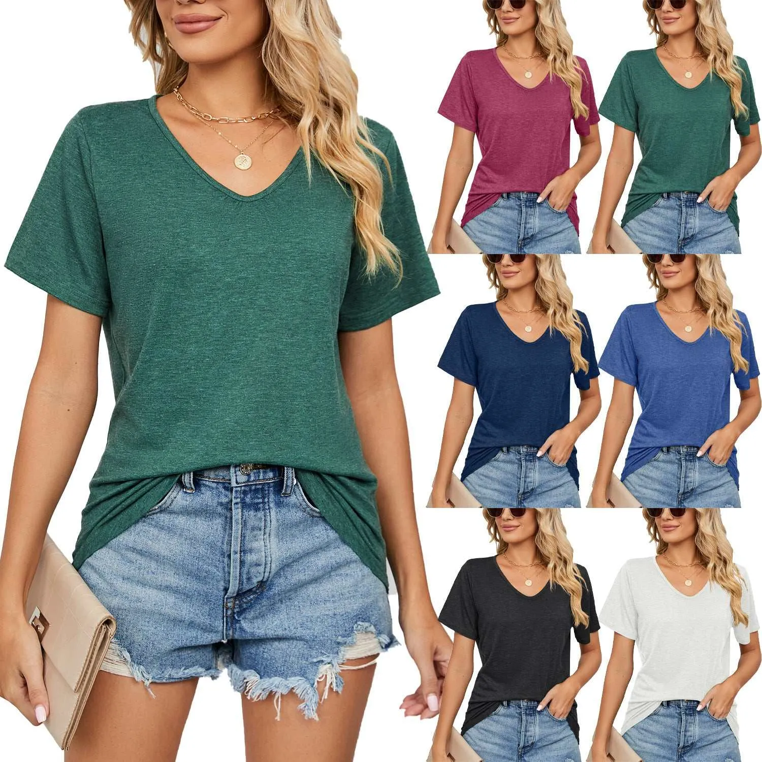 Off the Shoulder Tops Spring Summer New Short Sleeves V-neck Pleated Solid Color Loose-fitting