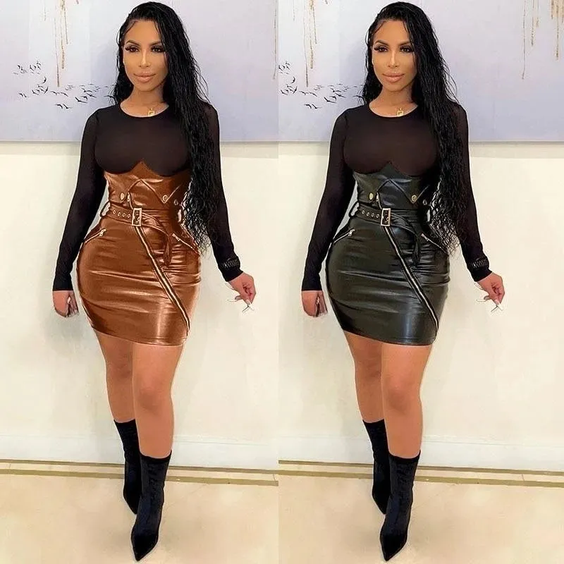 Plus Size Mesh Leather Mini Dresses