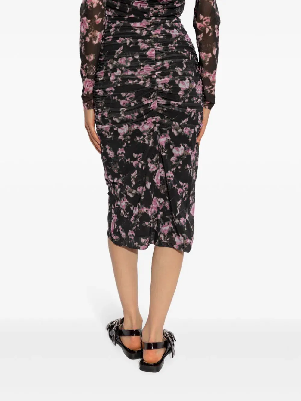 Printed Mesh Ruched Midi Skirt