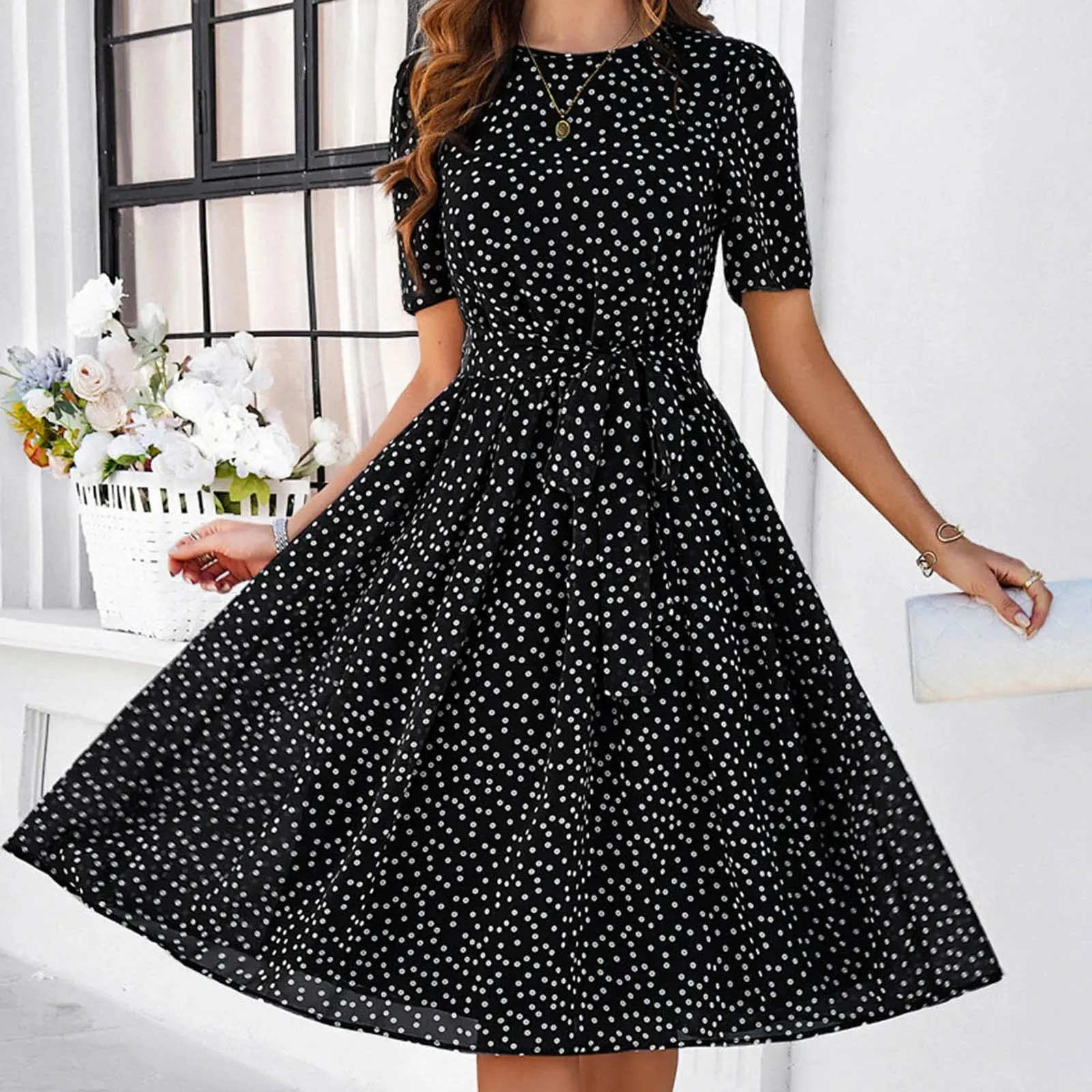 Printed Pleated A Line Long Short Sleeve High Waist Chic Casual Dot Dress