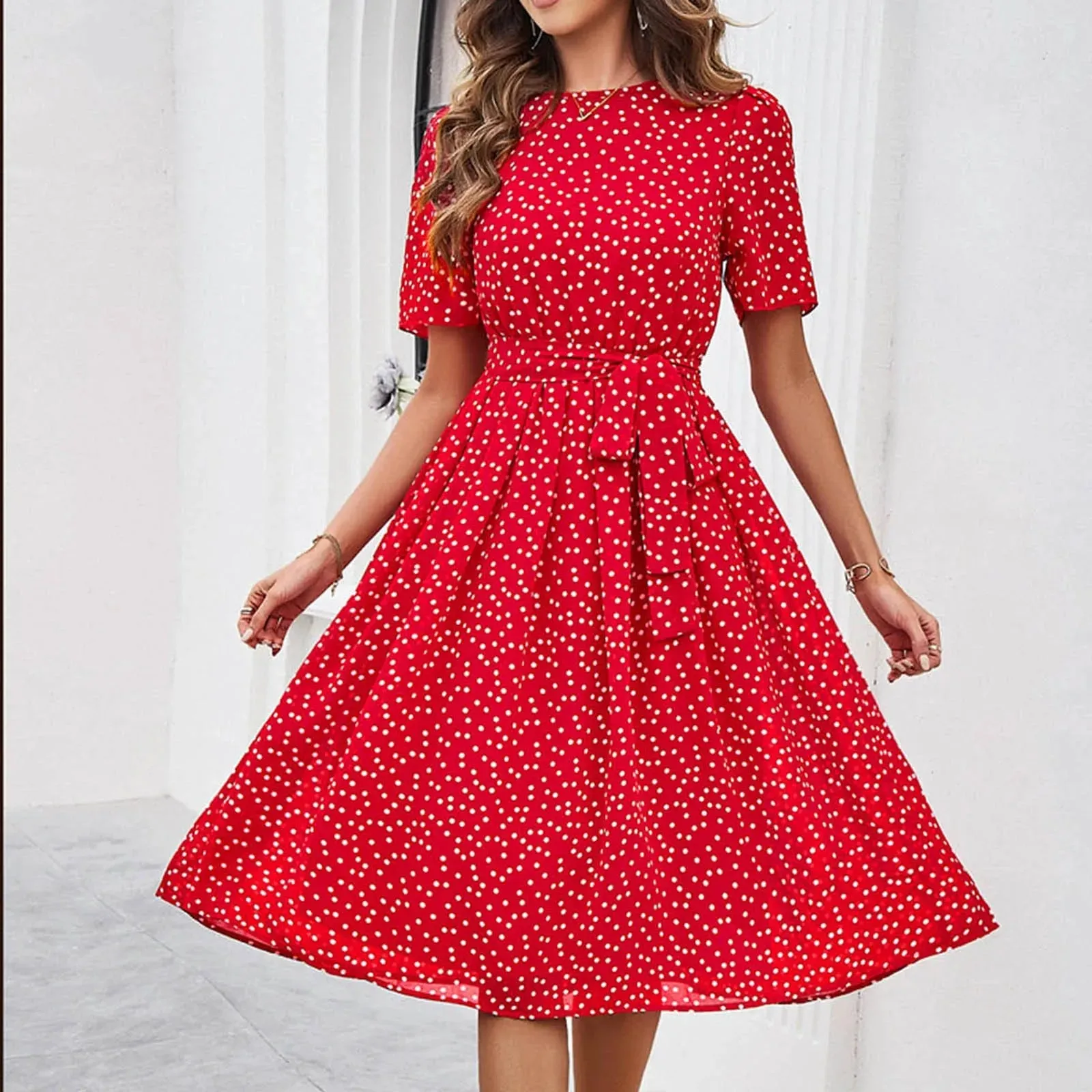 Printed Pleated A Line Long Short Sleeve High Waist Chic Casual Dot Dress