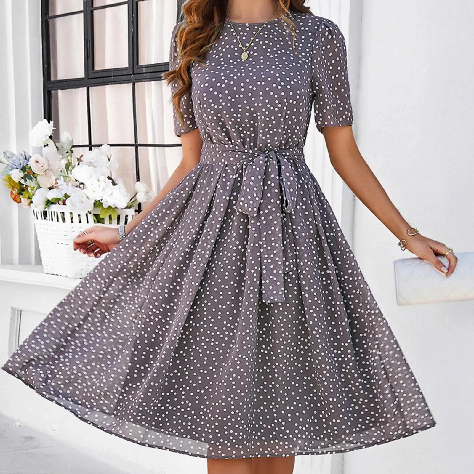 Printed Pleated A Line Long Short Sleeve High Waist Chic Casual Dot Dress