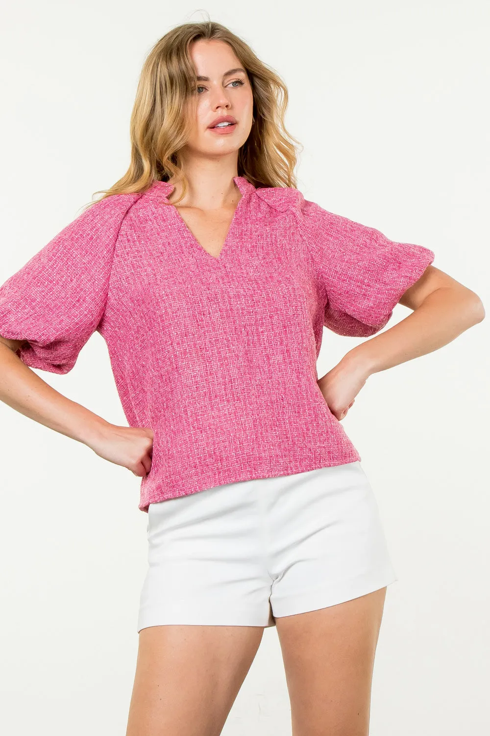 Puff Sleeve Collared V-Neck Tweed Top