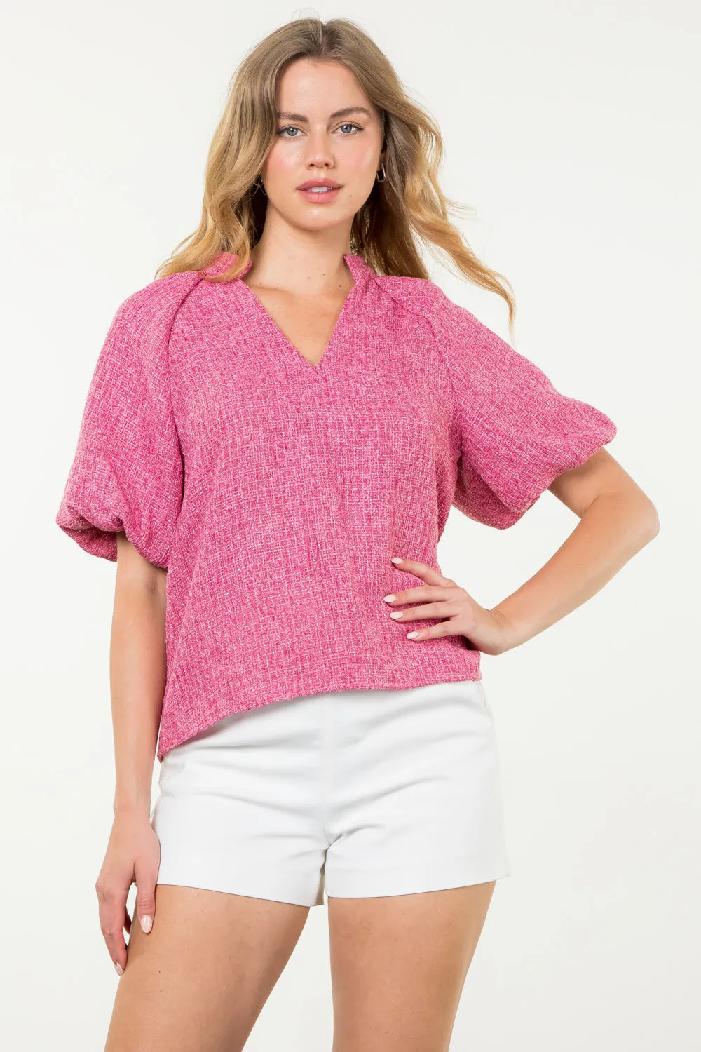 Puff Sleeve Collared V-Neck Tweed Top