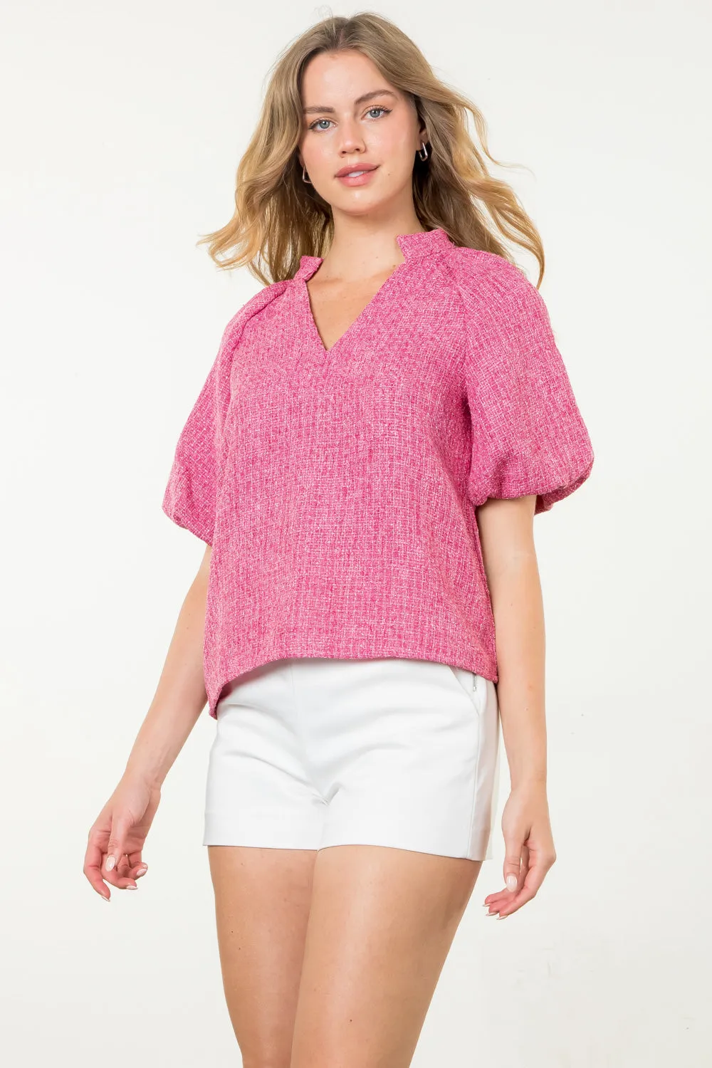 Puff Sleeve Collared V-Neck Tweed Top