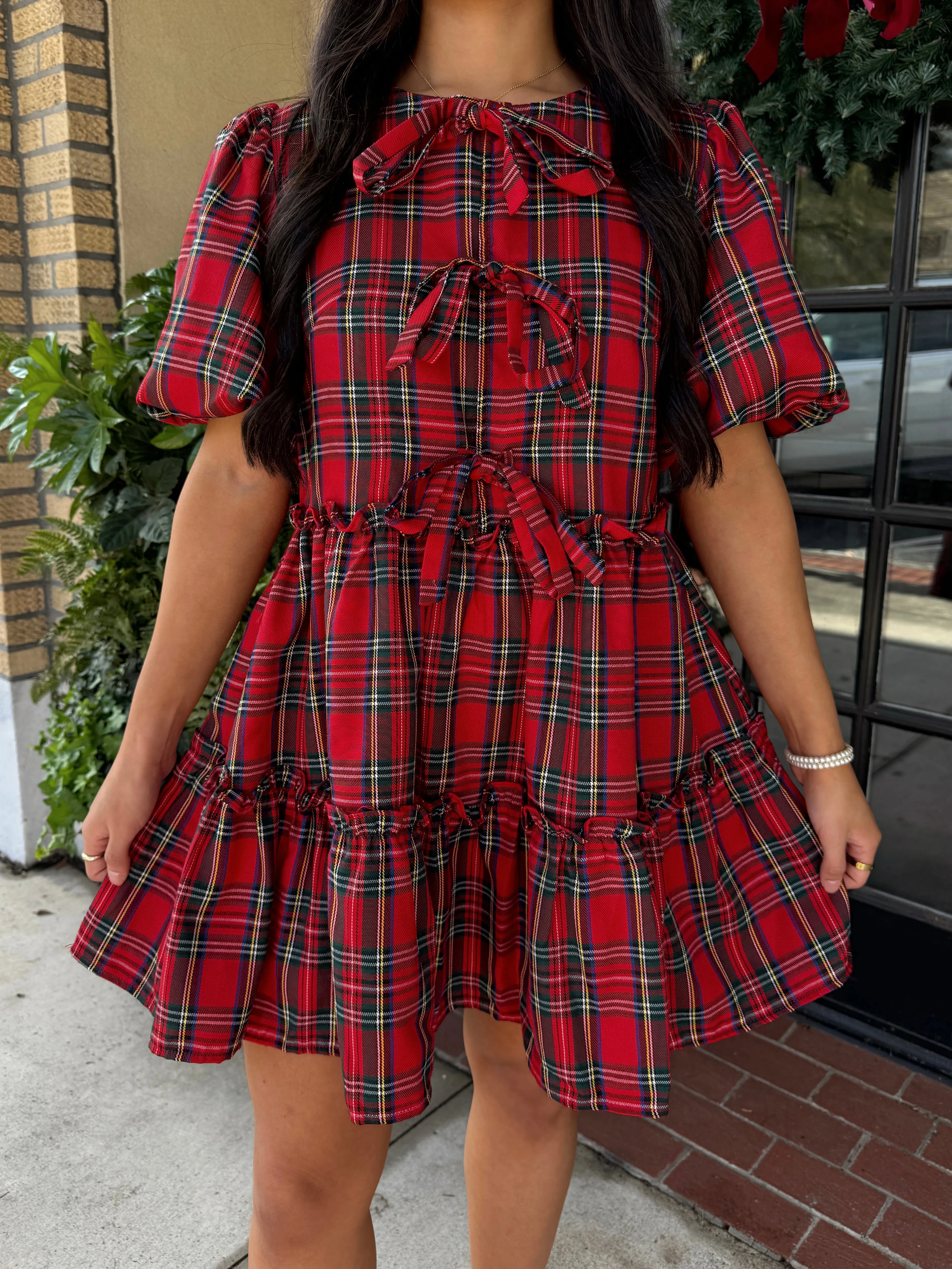 Red Christmas Plaid Bow Dress