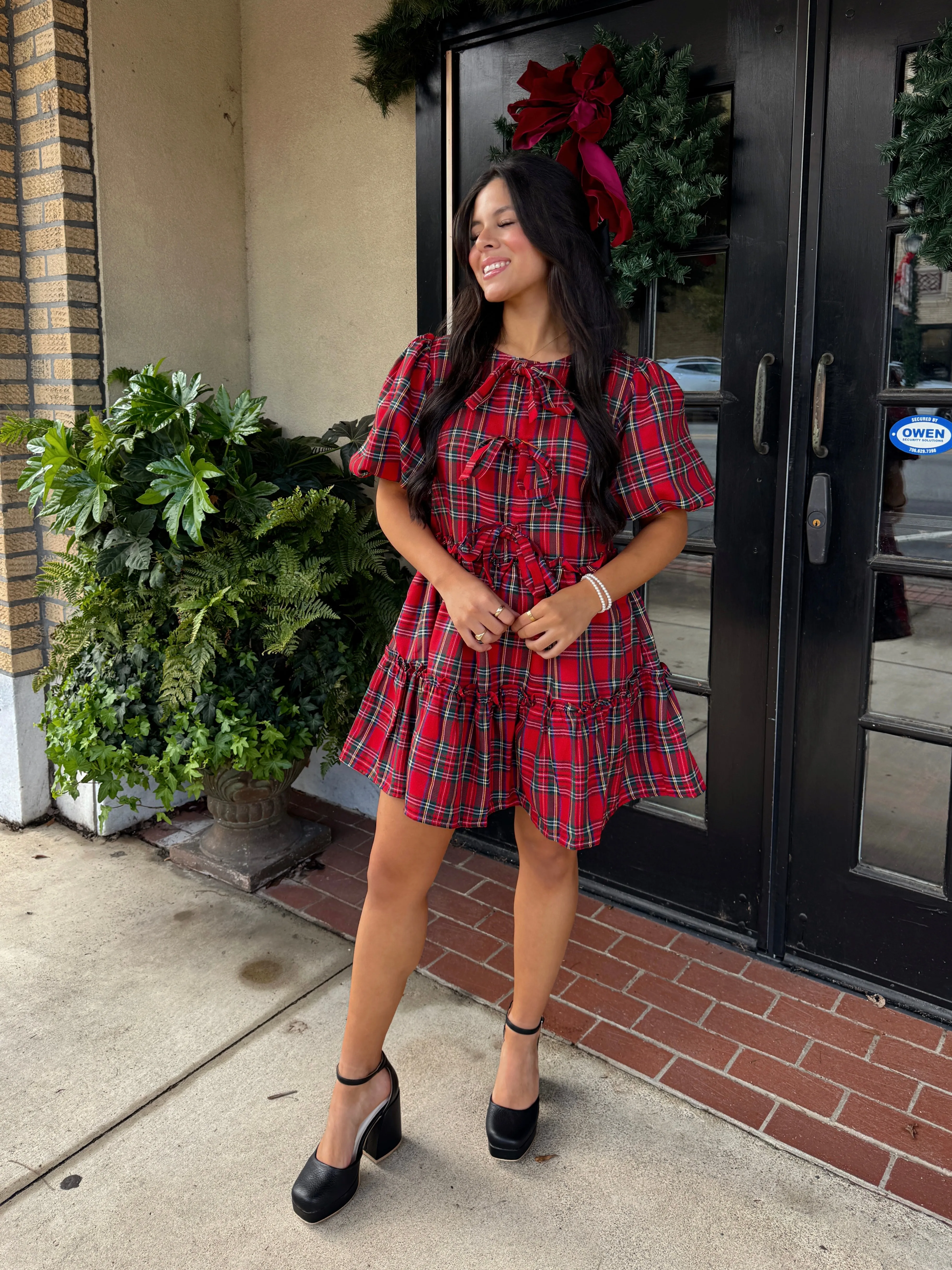 Red Christmas Plaid Bow Dress