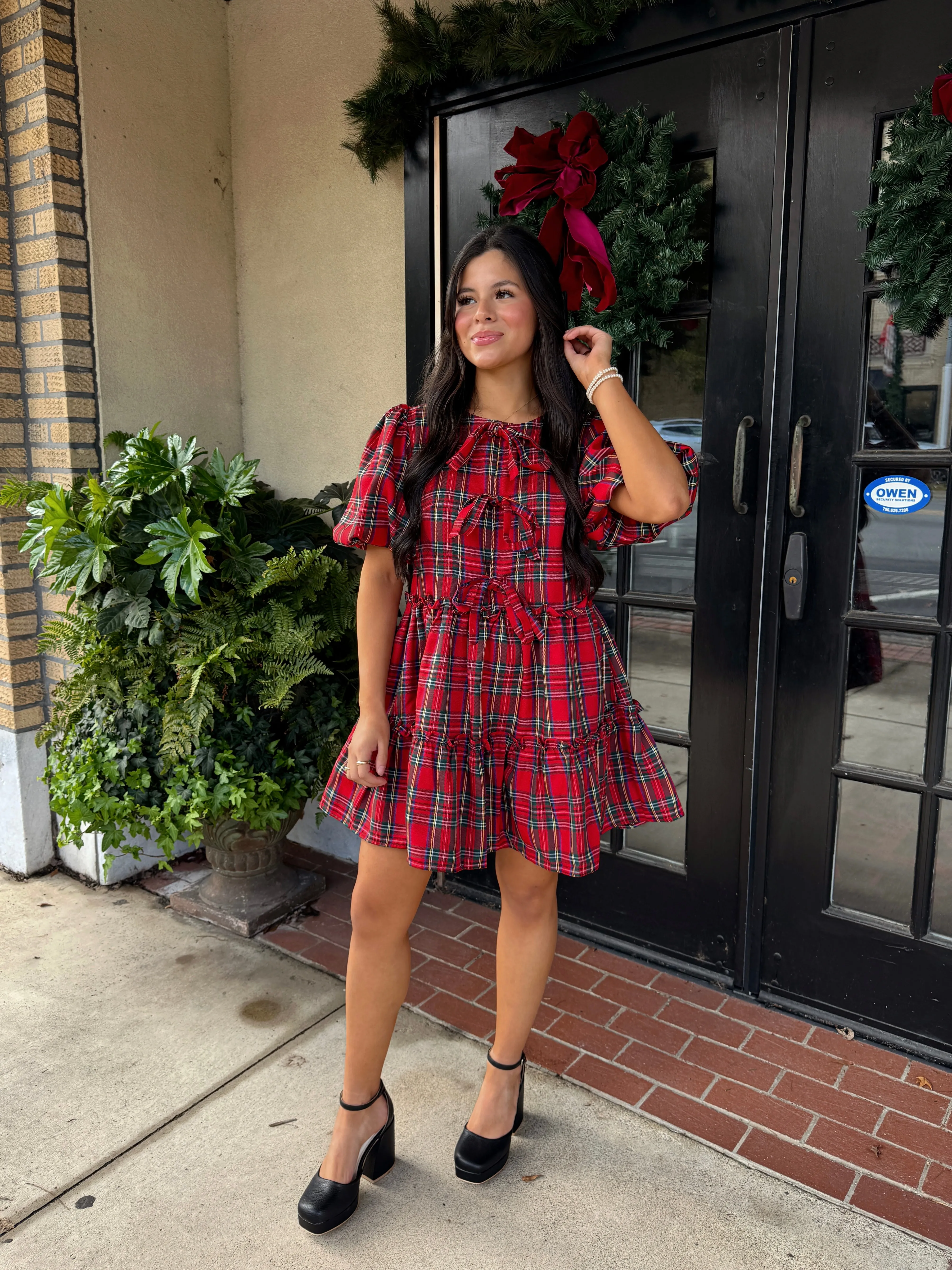 Red Christmas Plaid Bow Dress