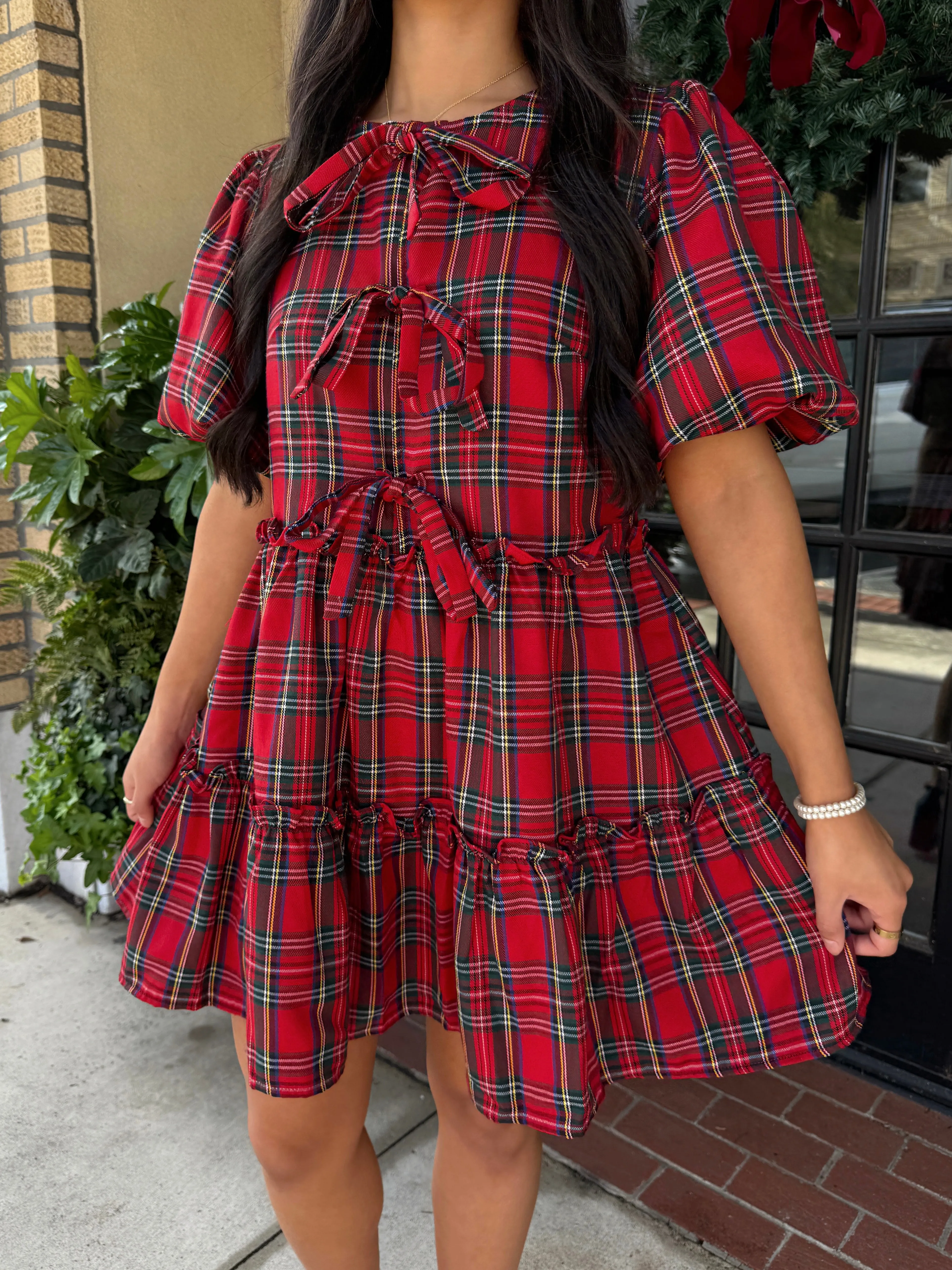 Red Christmas Plaid Bow Dress