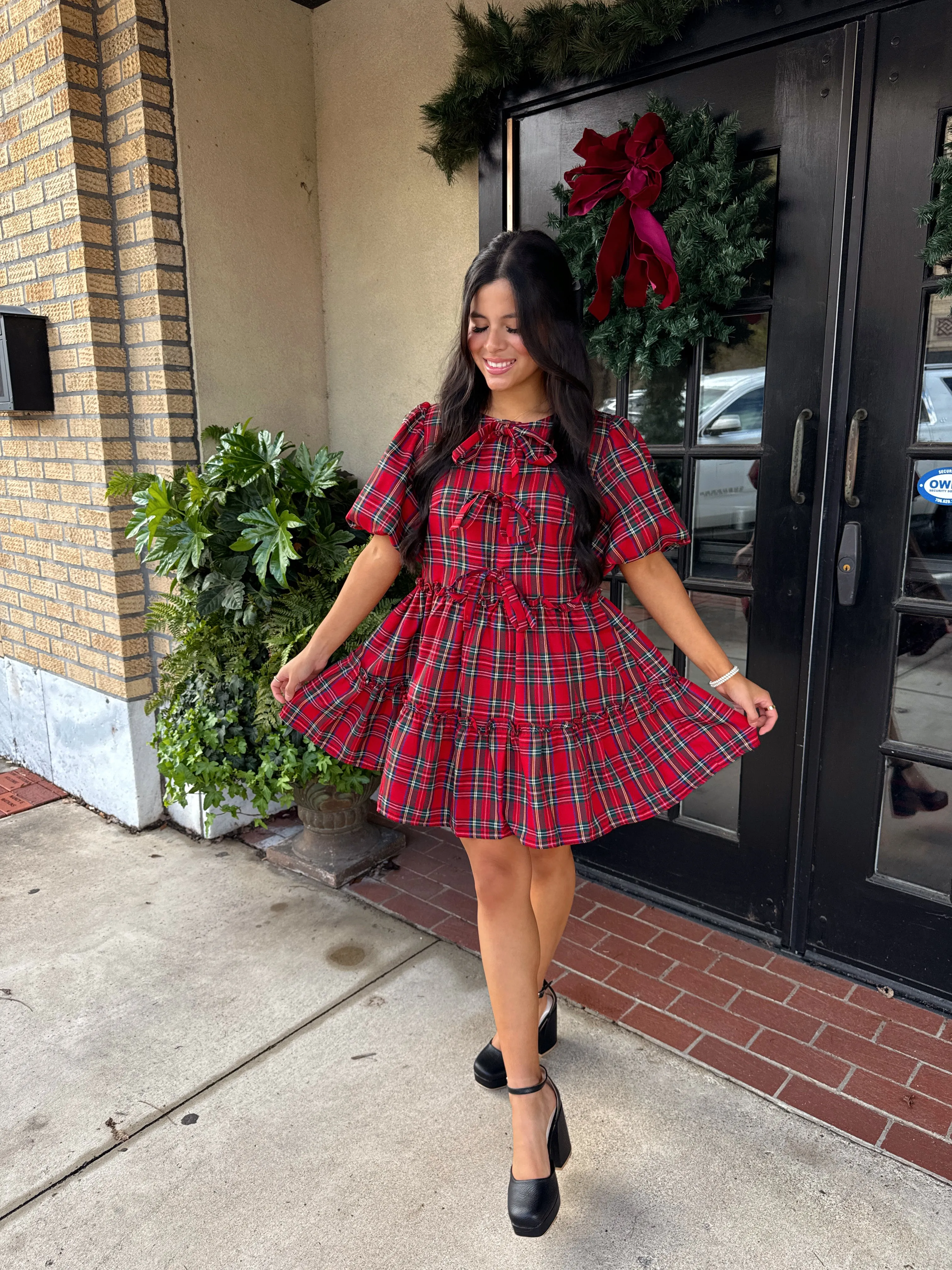 Red Christmas Plaid Bow Dress