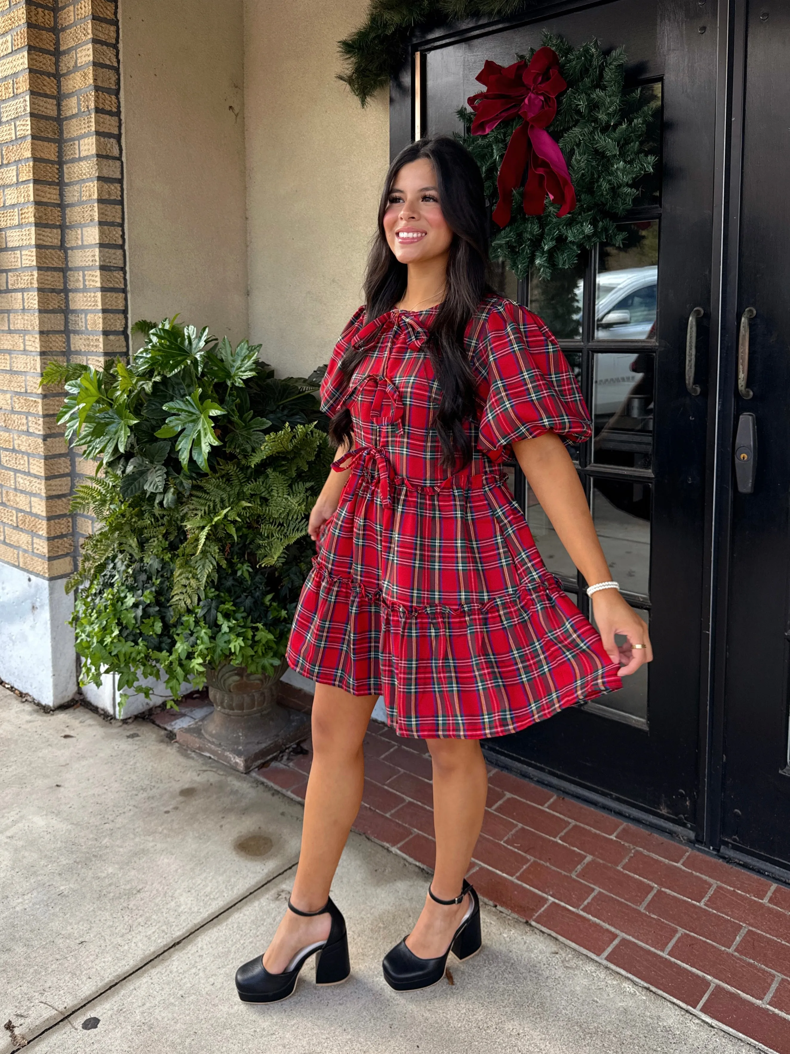 Red Christmas Plaid Bow Dress