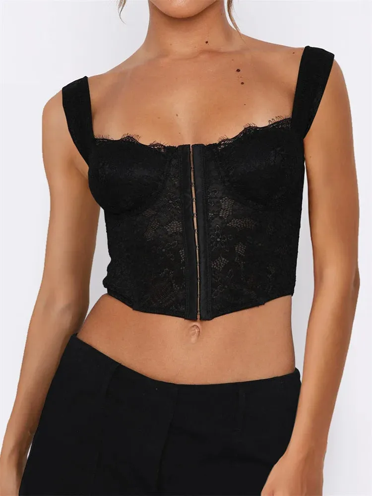 See Through Mesh Sheer Camisoles Sexy Lace Slim Fit Low Cut Square Neck Buttons Vest Streetwear Crop Top