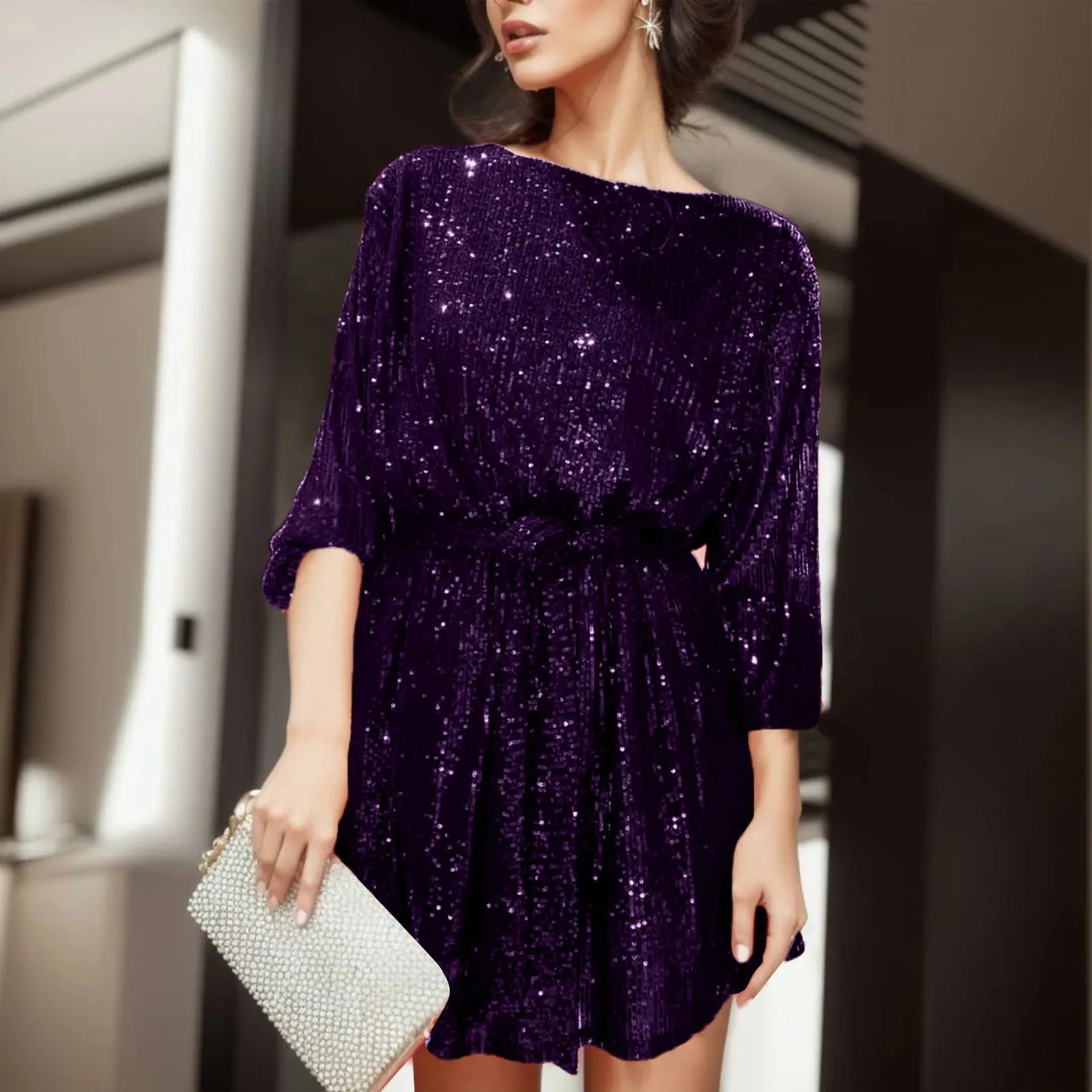 Sequin Prom Puff Long Sleeve Belt Evening Bridesmaid Sparkly Loose Fit Casual Glitter Dress