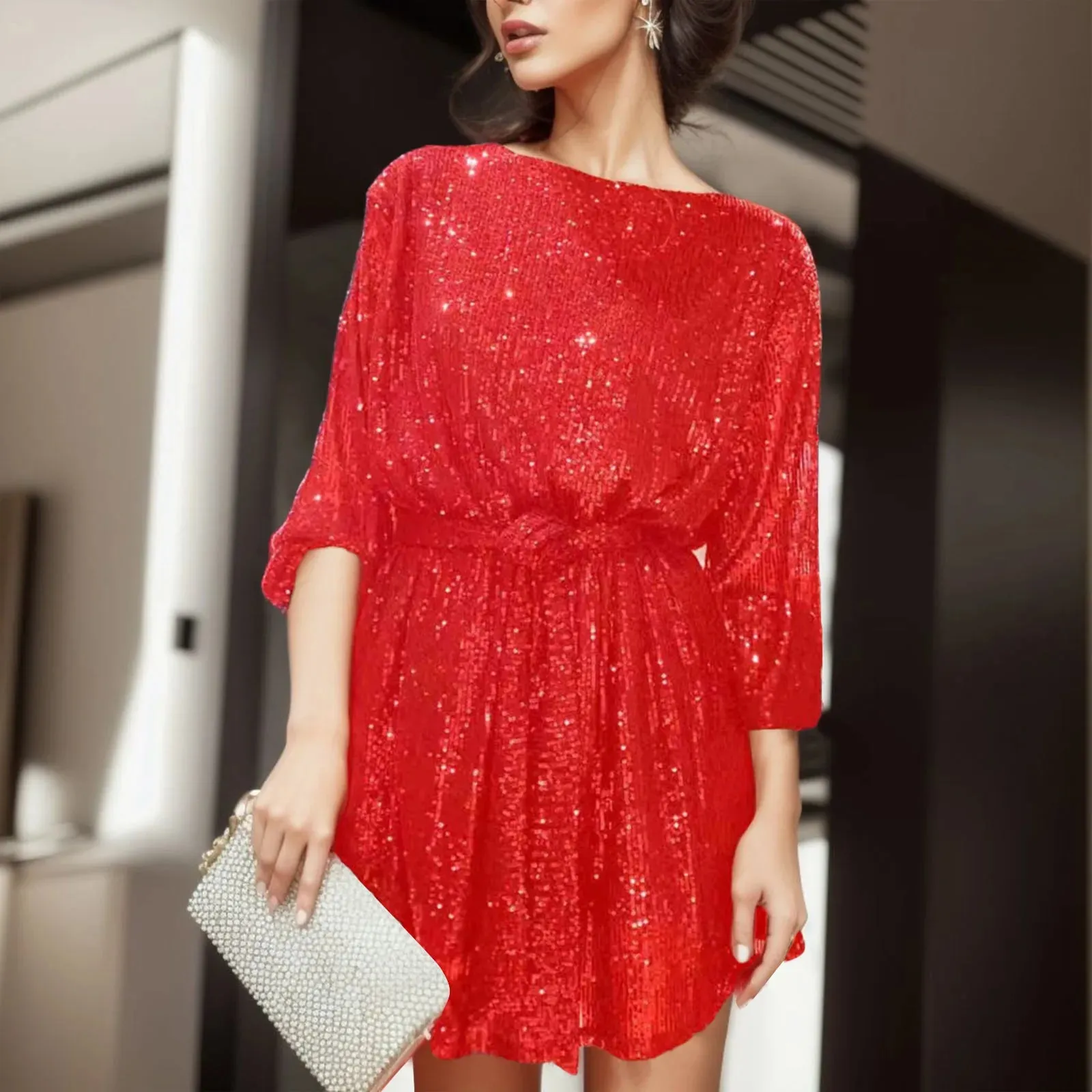 Sequin Prom Puff Long Sleeve Belt Evening Bridesmaid Sparkly Loose Fit Casual Glitter Dress