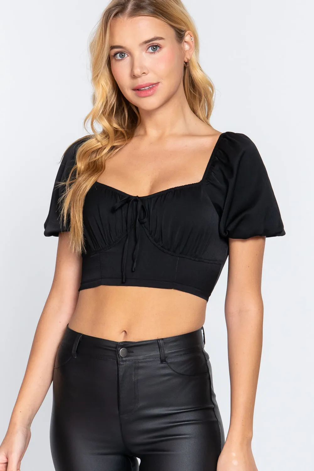 Short Slv Shirring Satin Crop Top - 4 colors - Ships from The US