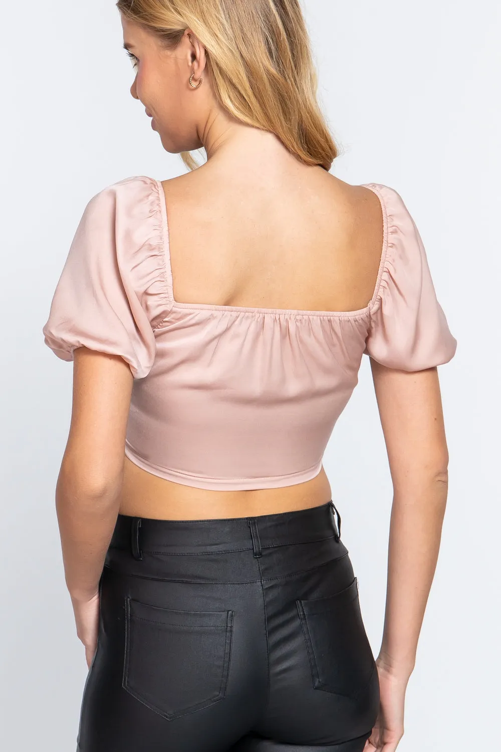 Short Slv Shirring Satin Crop Top - 4 colors - Ships from The US