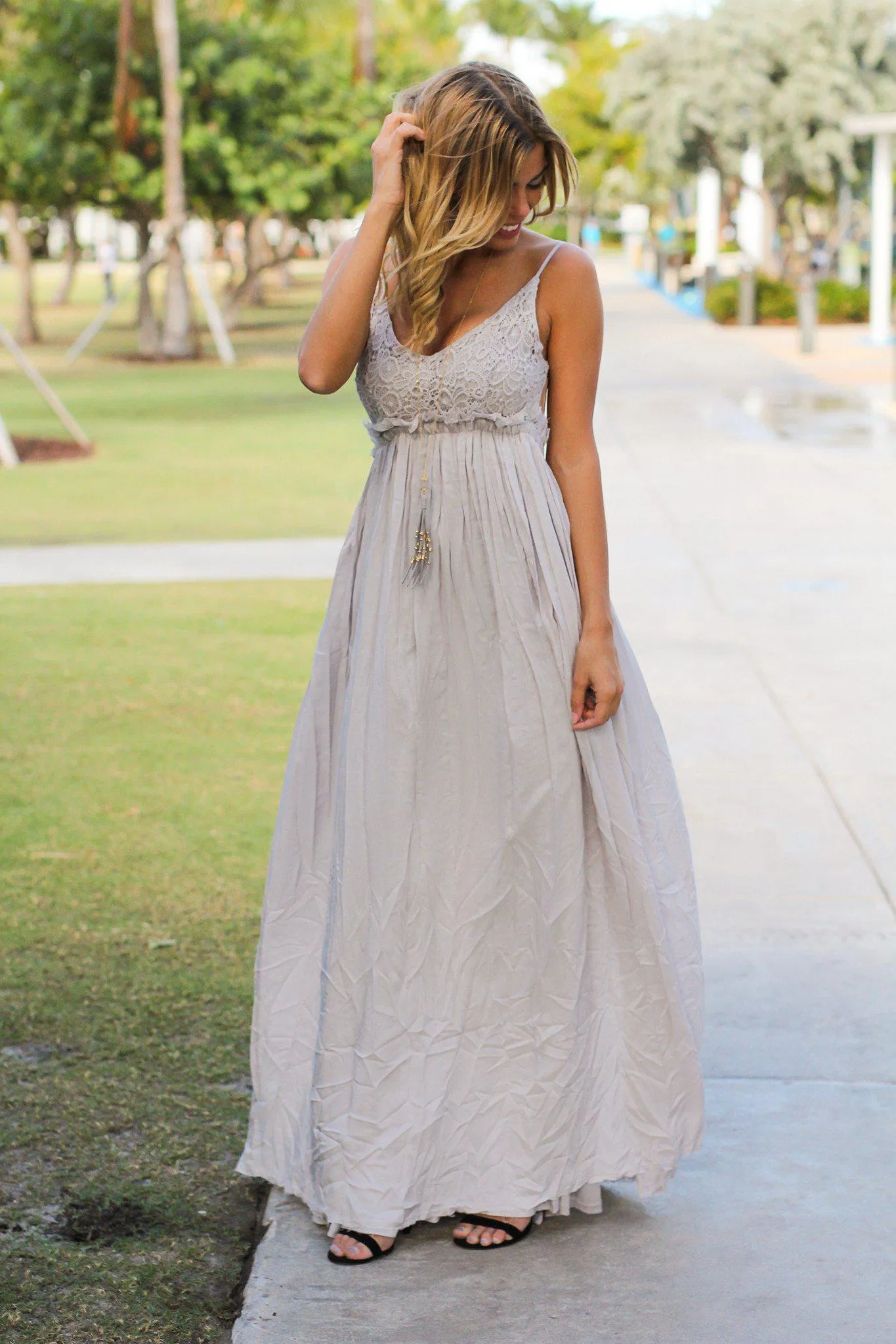 Silver Lace Maxi Dress with Open Back and Frayed Hem