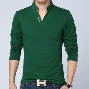 Solid Color V Neck Collar Long Sleeve Polo Shirt