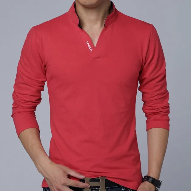 Solid Color V Neck Collar Long Sleeve Polo Shirt