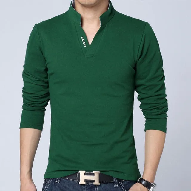 Solid Color V Neck Collar Long Sleeve Polo Shirt