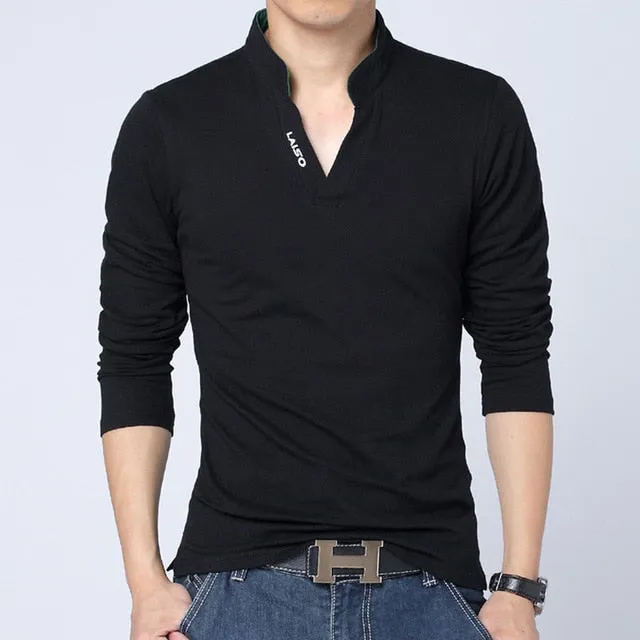 Solid Color V Neck Collar Long Sleeve Polo Shirt