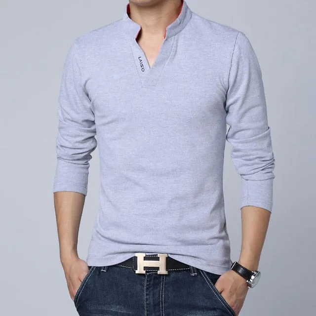 Solid Color V Neck Collar Long Sleeve Polo Shirt