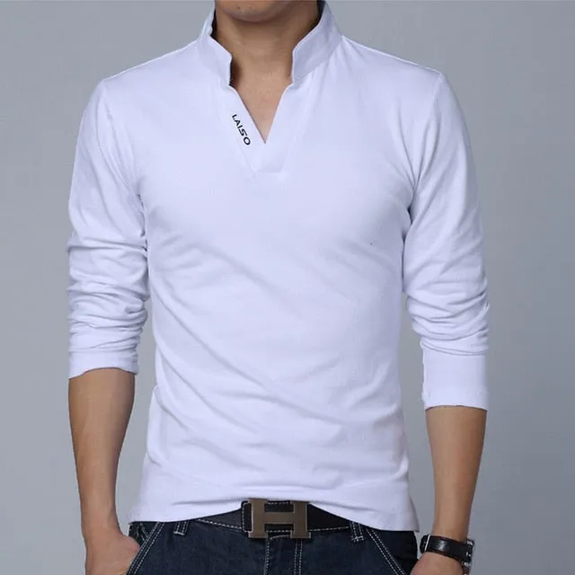 Solid Color V Neck Collar Long Sleeve Polo Shirt