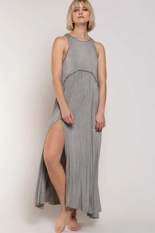 Stone Washed Side Slit Cut Out Maxi Dress