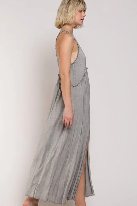 Stone Washed Side Slit Cut Out Maxi Dress