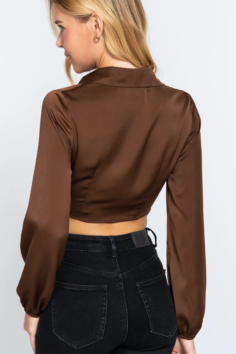 Stylish Notched Collar Crop Top with Twisted Front