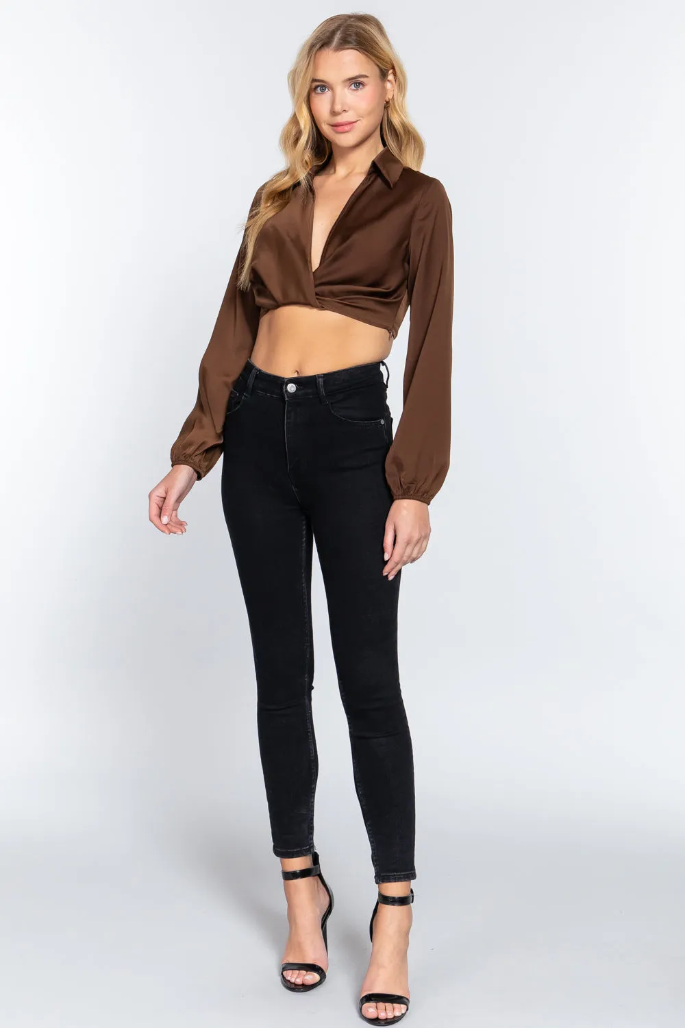 Stylish Notched Collar Crop Top with Twisted Front