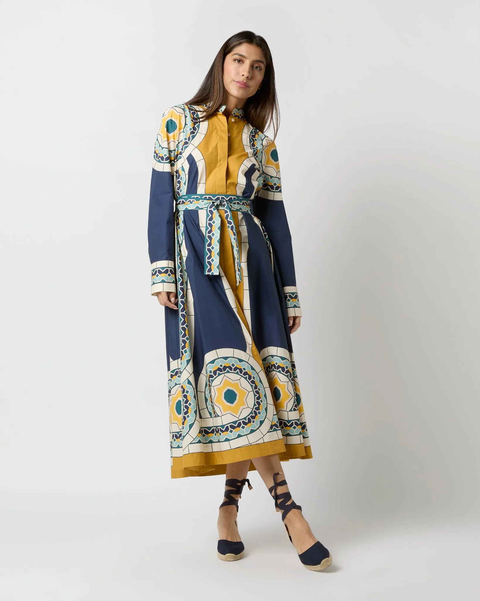 Sundowner Dress in Blue Mudejar Placée Cotton Popeline