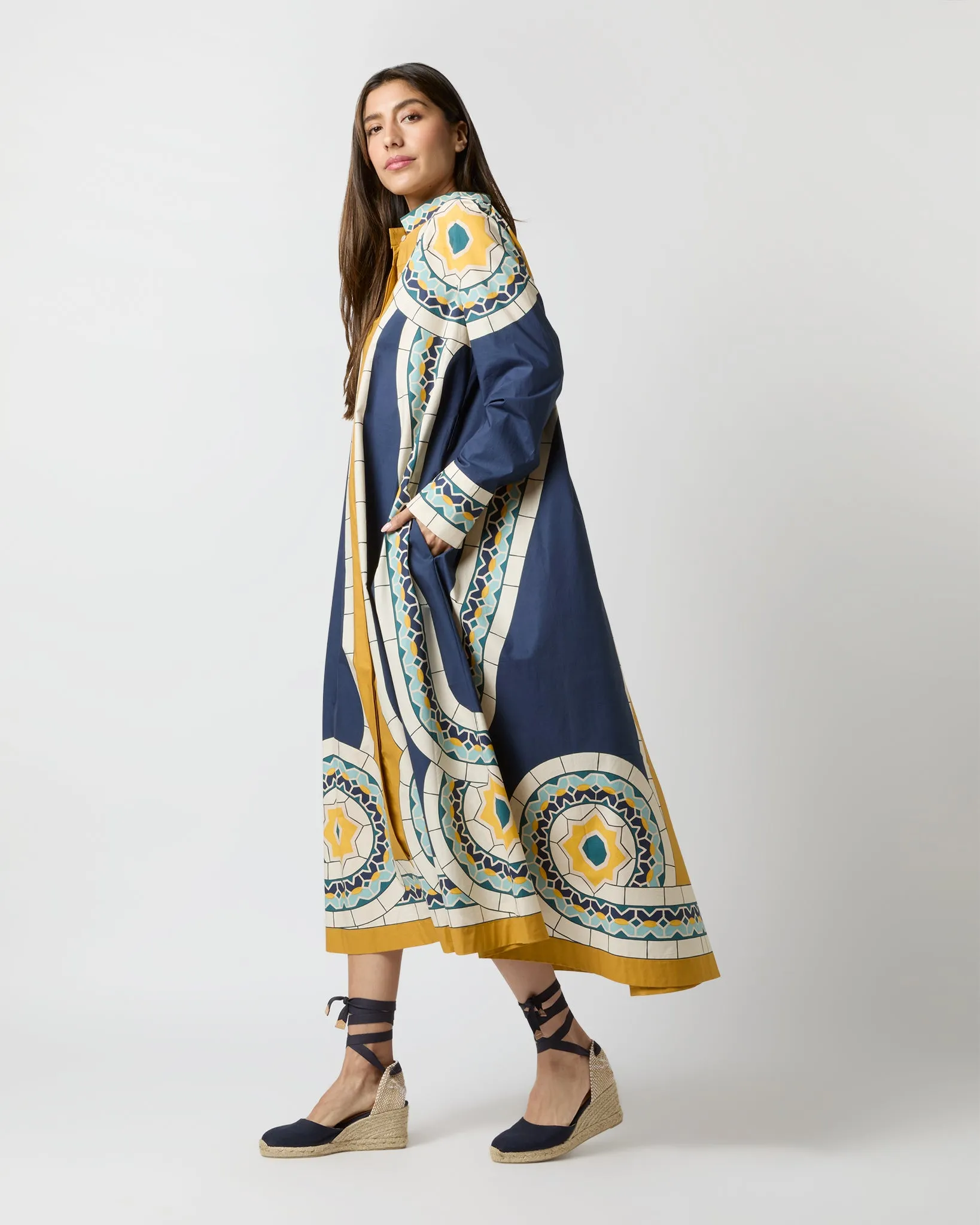 Sundowner Dress in Blue Mudejar Placée Cotton Popeline