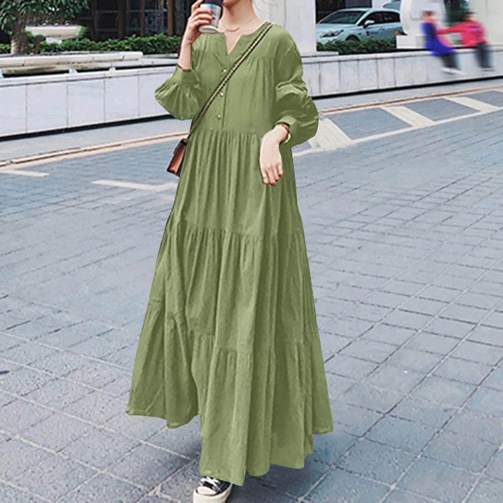 Swing Spring and Autumn V-Neck Ruffle Edge Loose Elegant Casual Long Dress