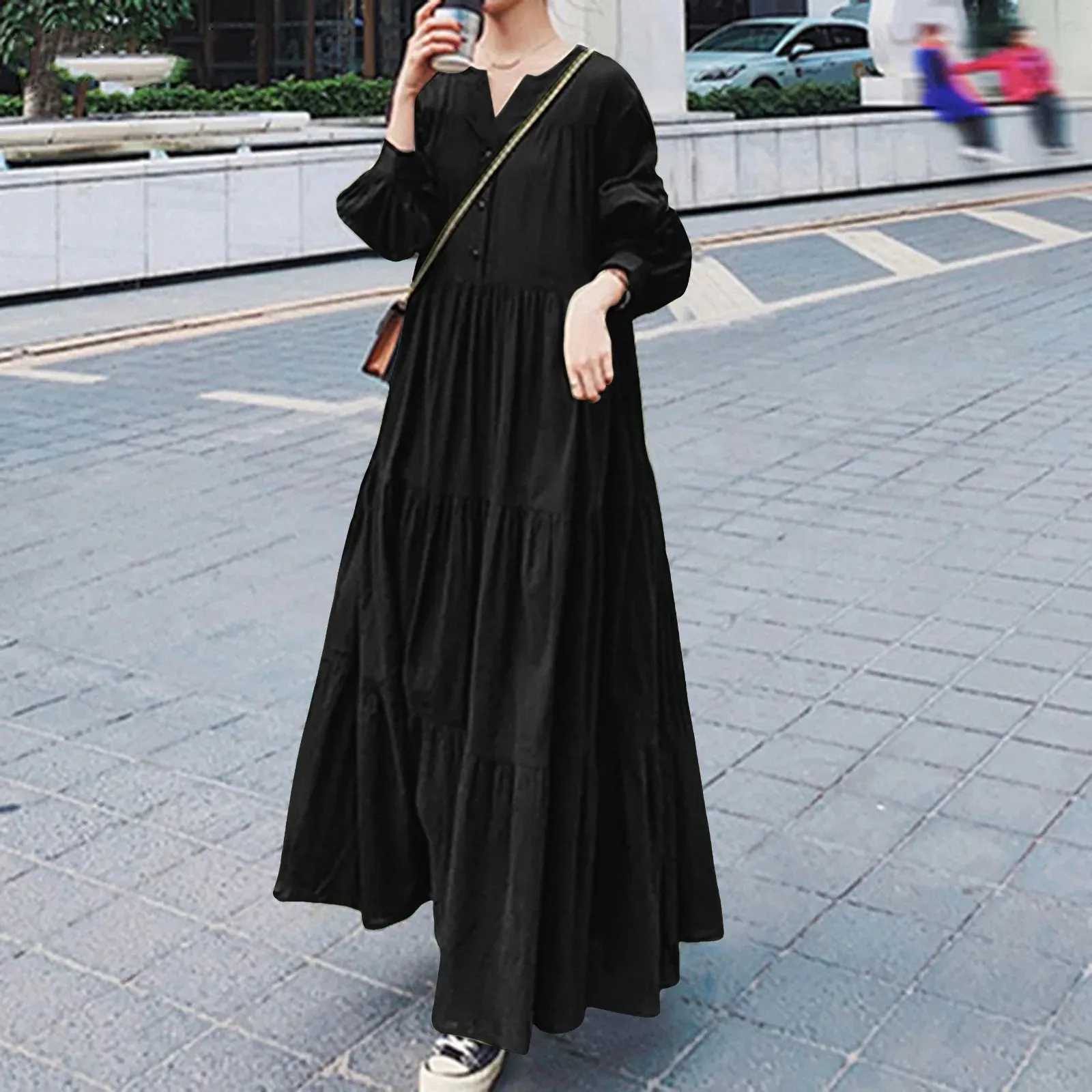 Swing Spring and Autumn V-Neck Ruffle Edge Loose Elegant Casual Long Dress