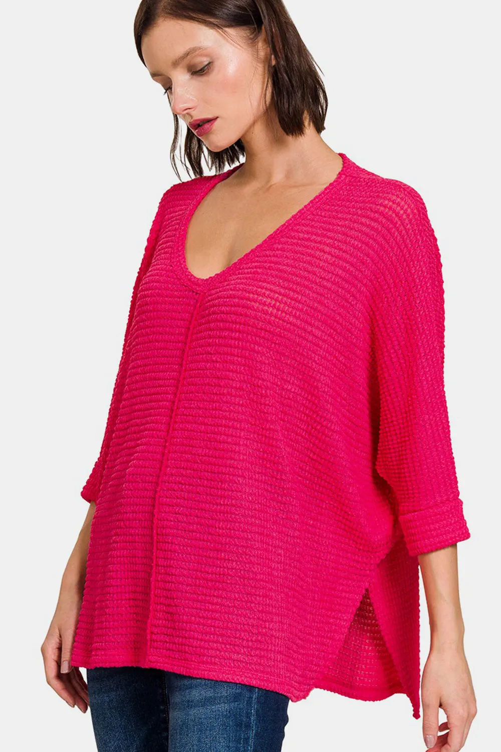 V-Neck High-Low Jacquard Knit Top