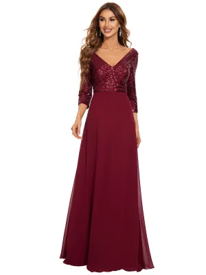 V Neck Long Formal Dress with Sequins - Red