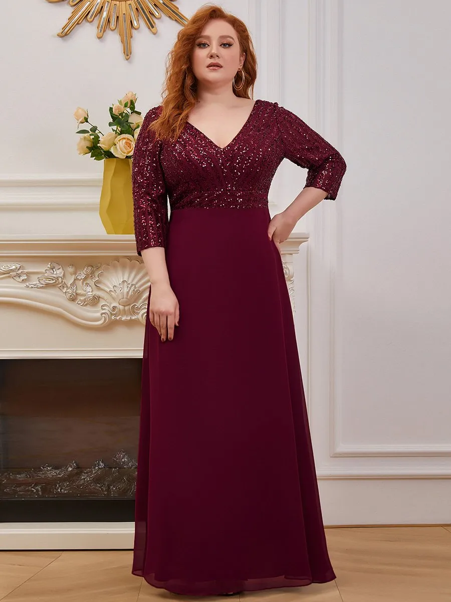 V Neck Long Formal Dress with Sequins - Red